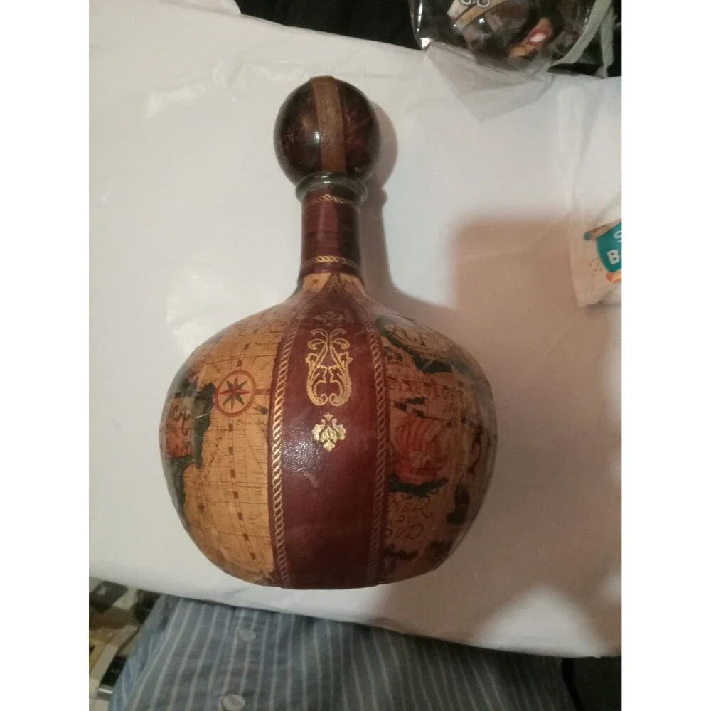 Vintage Decanter Made in Italy Leather Wrapped World Map Glass Bottle